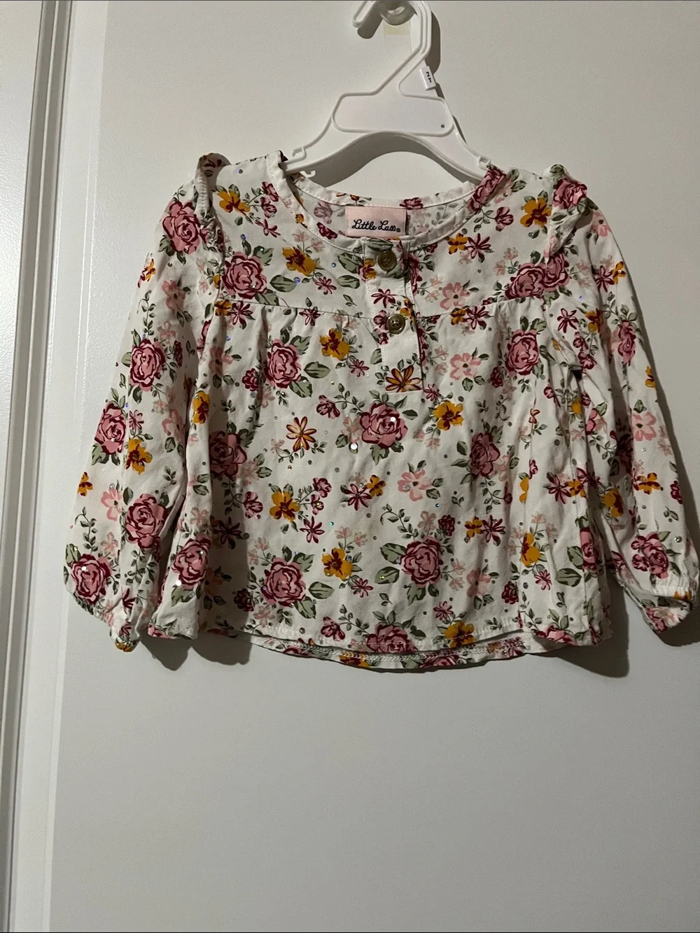 Little Lass White Floral Long-Sleeve Blouse with Pink & Yellow Flowers